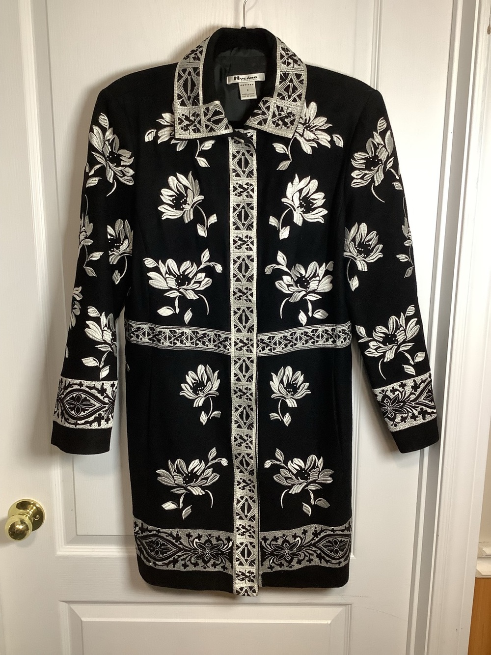 Nygard Collection Wool Blend Black Embroidered Floral Long Coat
